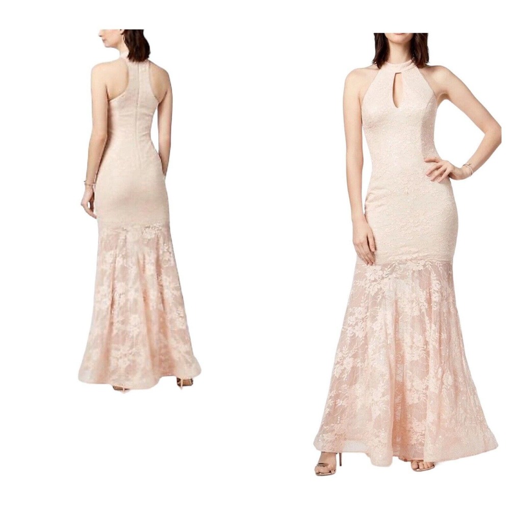 Xscape Lace Sequin Pink Racerback Halter Mermaid Gown Formal Prom Maxi Dress